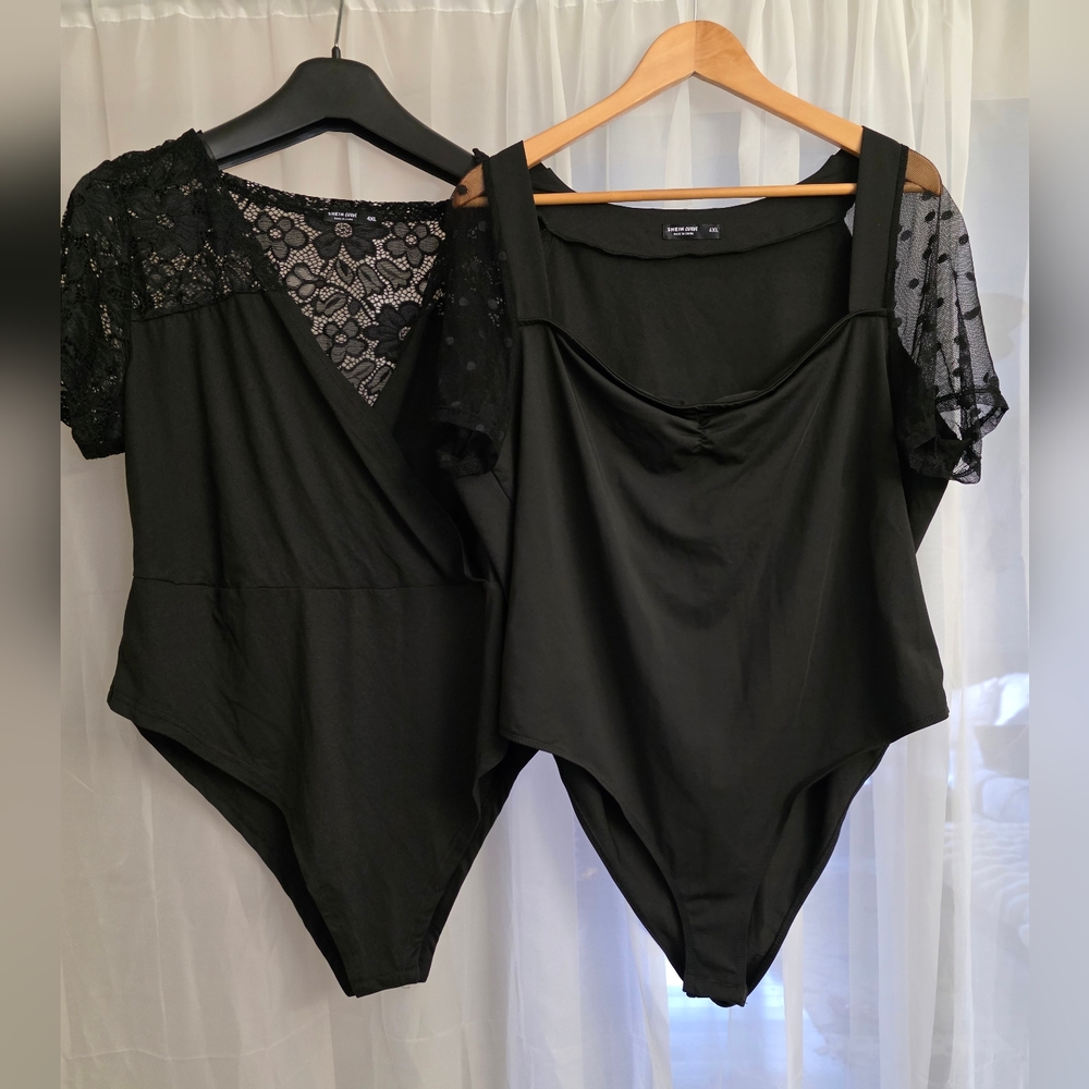 Lot Of 2 SHEIN Black Lace Trim Bodysuit Top Never Worn